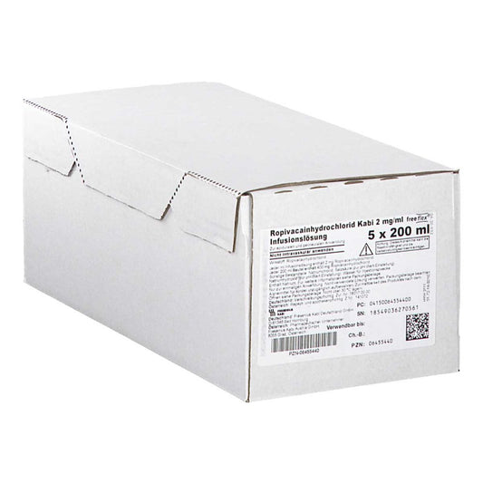 Das Produktfoto zeigt Ropivacainhydrochlorid Kabi 2 Mg/Ml Infusionslsg. (5X200 ml) PZN 06455440