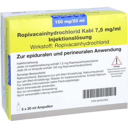 Das Produktfoto zeigt Ropivacainhydrochlorid Kabi 7,5 Mg/Ml Inj.-Lsg. (5X20 ml) PZN 06455463