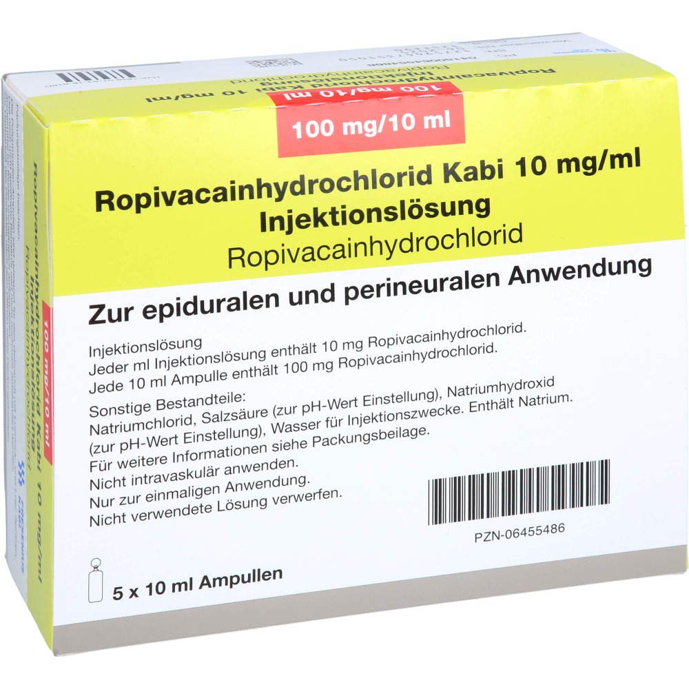 Das Produktfoto zeigt Ropivacainhydrochlorid Kabi 10 Mg/Ml Inj.-Lsg. (5X10 ml) PZN 06455486