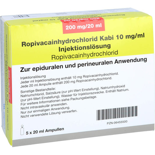 Das Produktfoto zeigt Ropivacainhydrochlorid Kabi 10 Mg/Ml Inj.-Lsg. (5X20 ml) PZN 06455500