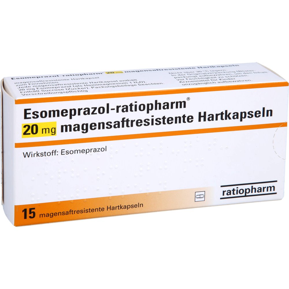 Das Produktfoto zeigt Esomeprazol-Ratiopharm 20 Mg Magensaftr.Hartkps. (15 stk) PZN 06456735