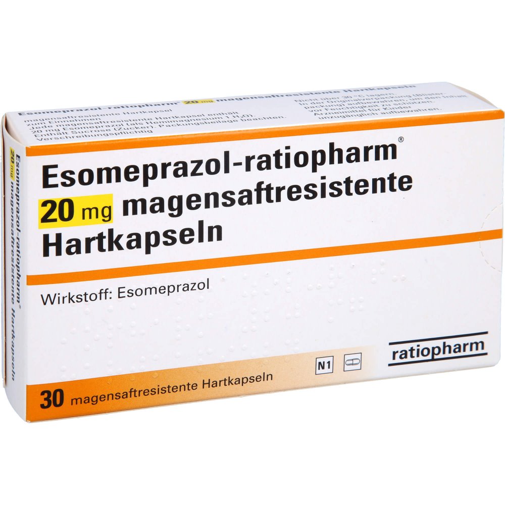 Das Produktfoto zeigt Esomeprazol-Ratiopharm 20 Mg Magensaftr.Hartkps. (30 stk) PZN 06456741