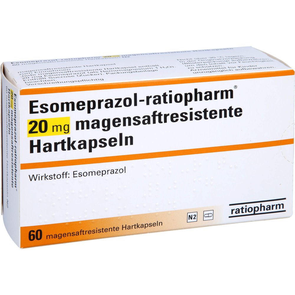 Das Produktfoto zeigt Esomeprazol-Ratiopharm 20 Mg Magensaftr.Hartkps. (60 stk) PZN 06456764