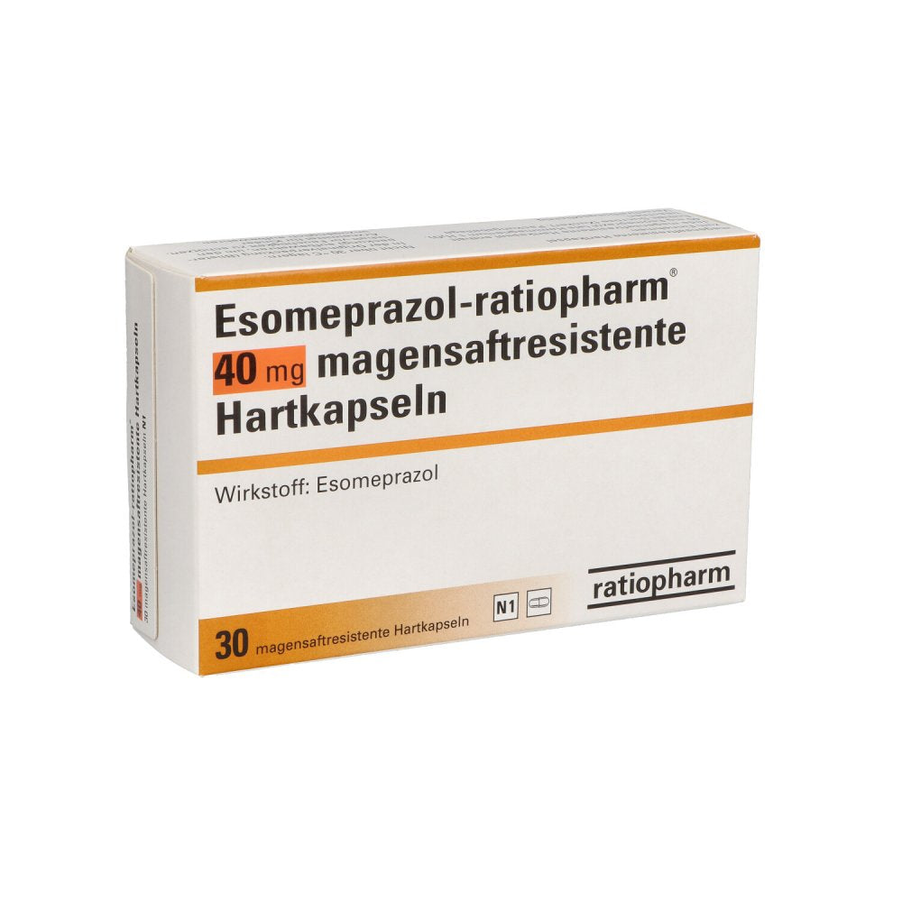 Das Produktfoto zeigt Esomeprazol-Ratiopharm 40 Mg Magensaftr.Hartkps. (30 stk) PZN 06456793