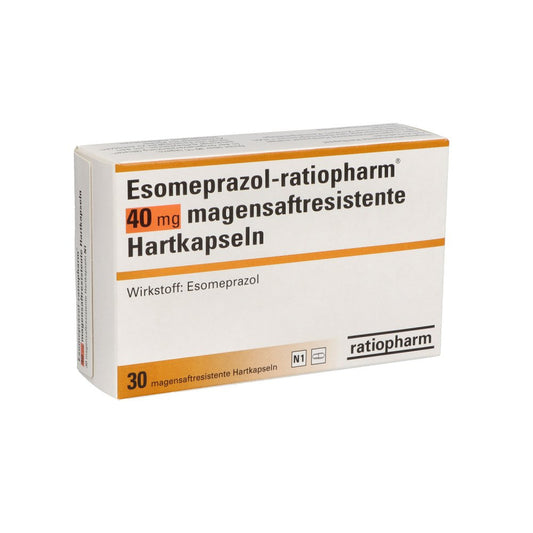 Das Produktfoto zeigt Esomeprazol-Ratiopharm 40 Mg Magensaftr.Hartkps. (30 stk) PZN 06456793