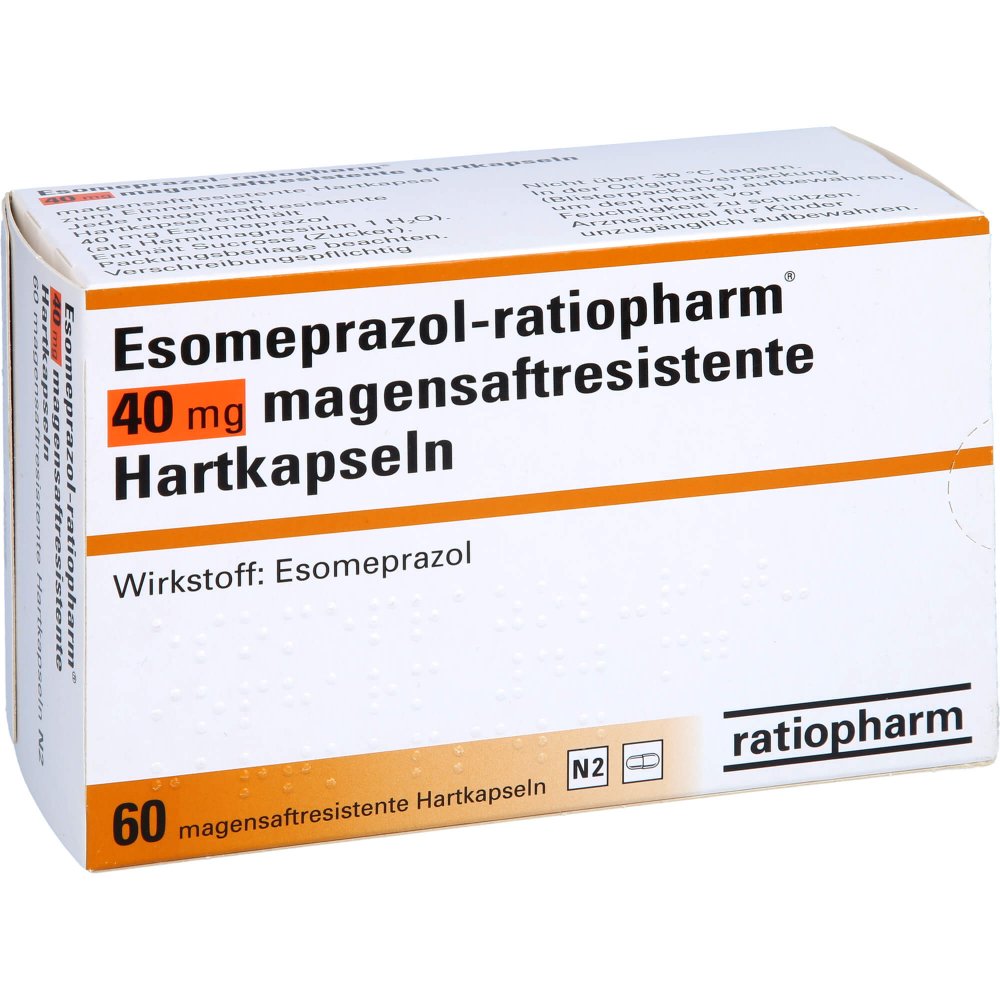 Das Produktfoto zeigt Esomeprazol-Ratiopharm 40 Mg Magensaftr.Hartkps. (60 stk) PZN 06456801