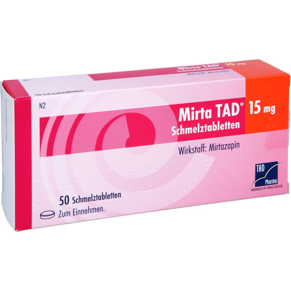 Das Produktfoto zeigt Mirta Tad 15 Mg Schmelztabletten (50 stk) PZN 06477192