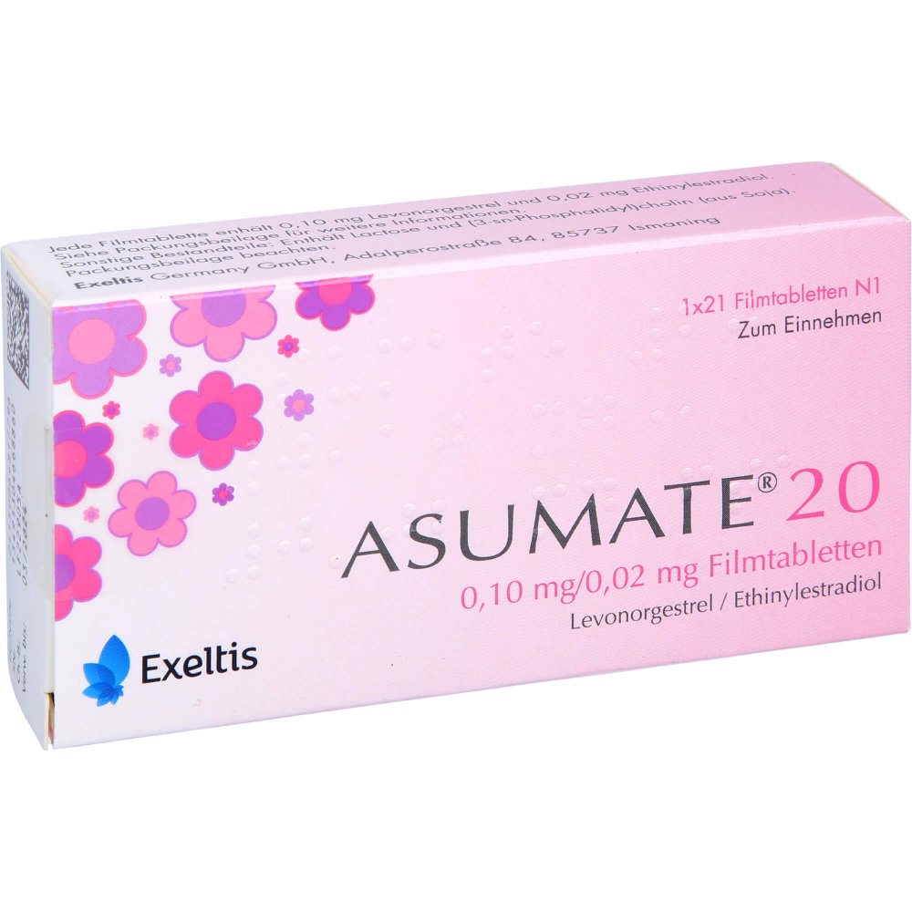Das Produktfoto zeigt Asumate 20 0,1 Mg/0,02 Mg Filmtabletten (21 stk) PZN 06481779