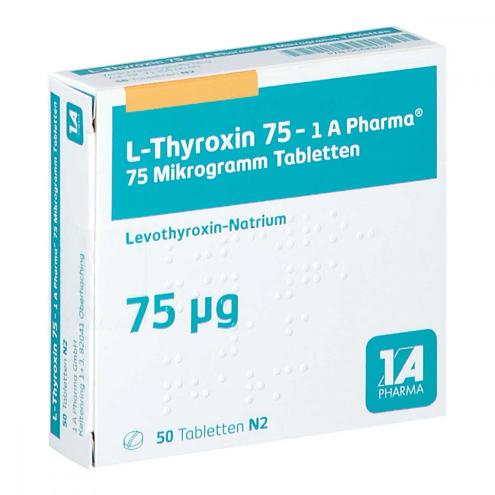 Das Produktfoto zeigt L-Thyroxin 75-1a Pharma Tabletten (50 stk) PZN 06488675