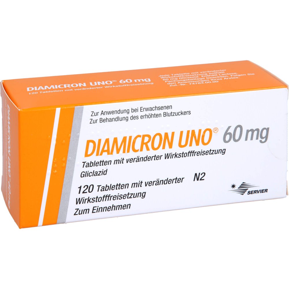 Das Produktfoto zeigt Diamicron Uno 60 Mg Tab.M.Veränd.Wirkst.-Frs. (120 stk) PZN 06488706