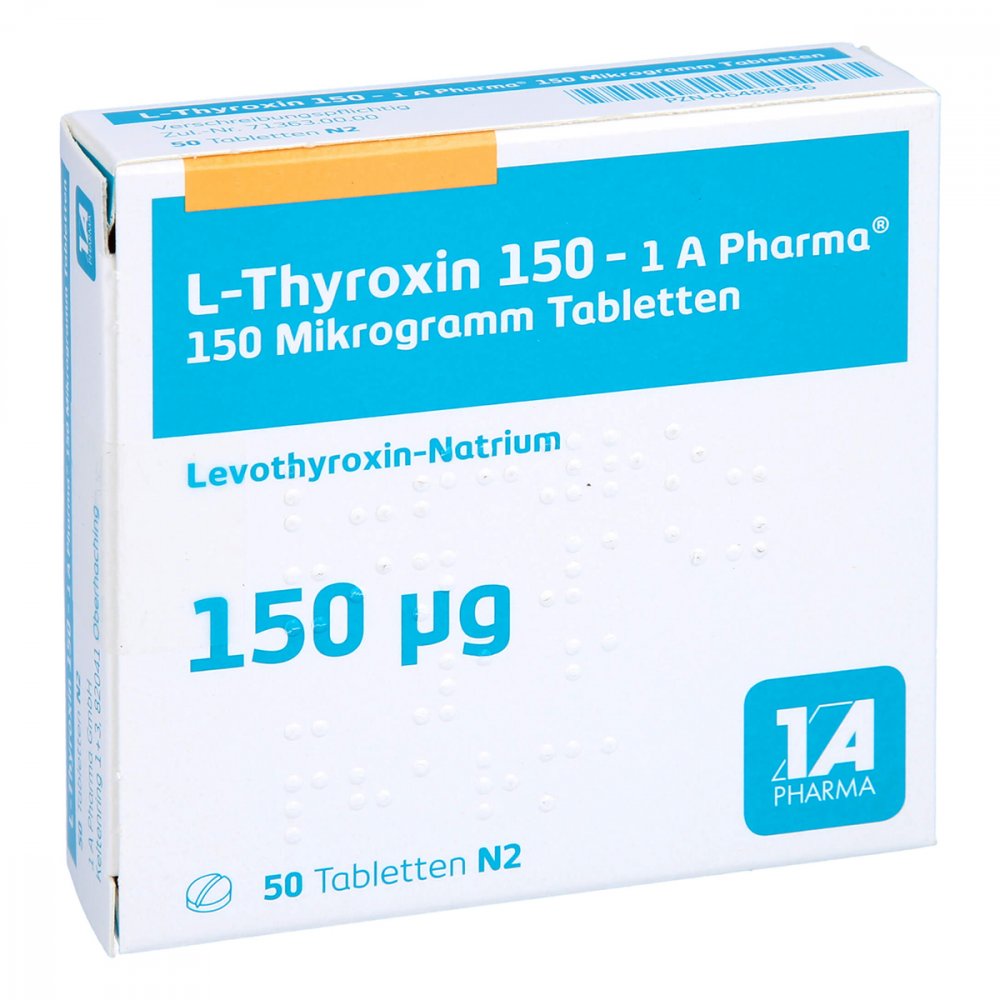 Das Produktfoto zeigt L-Thyroxin 150-1a Pharma Tabletten (50 stk) PZN 06488936