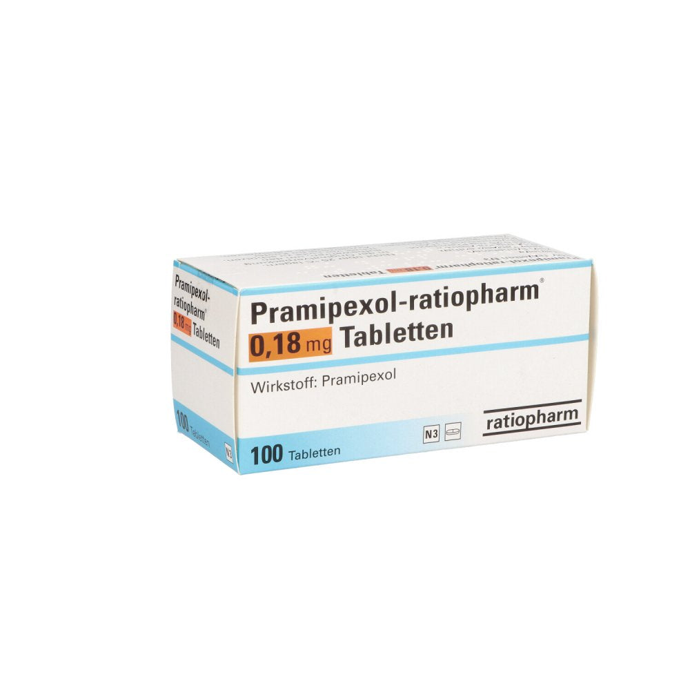 Das Produktfoto zeigt Pramipexol-Ratiopharm 0,18 Mg Tabletten (100 stk) PZN 06489775