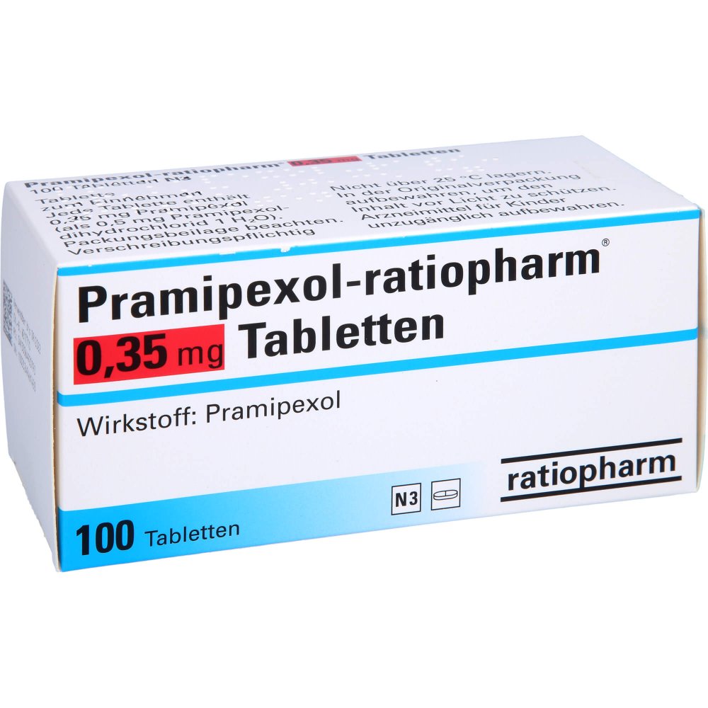 Das Produktfoto zeigt Pramipexol-Ratiopharm 0,35 Mg Tabletten (100 stk) PZN 06492079
