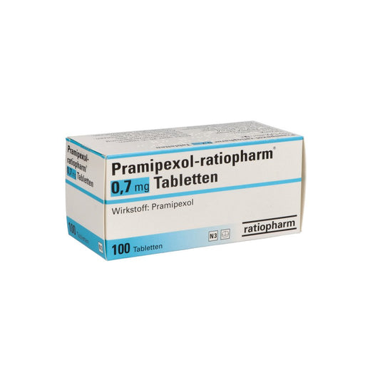Das Produktfoto zeigt Pramipexol-Ratiopharm 0,7 Mg Tabletten (100 stk) PZN 06492085