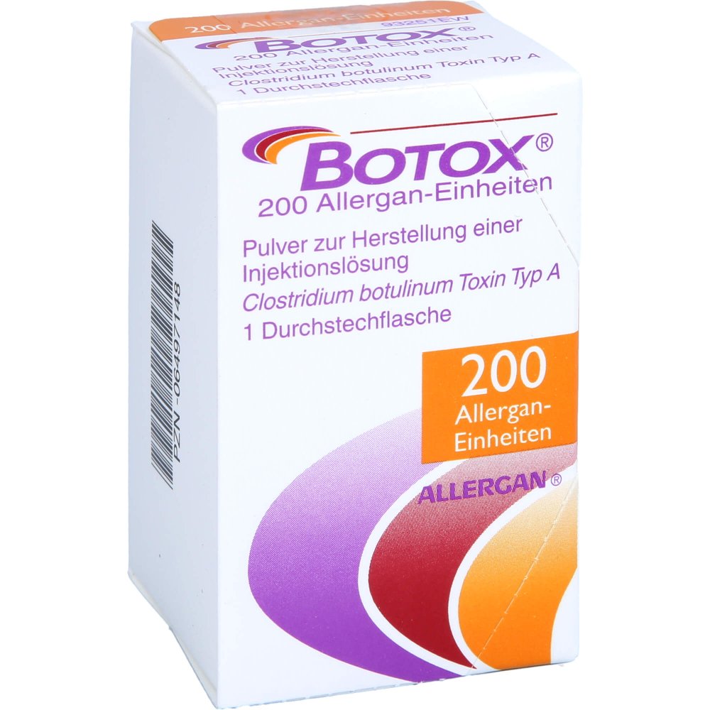 Das Produktfoto zeigt Botox 200 Allergan-Einheiten Plv.Z.Her.E.Inj.-Lsg. (1 stk) PZN 06497148