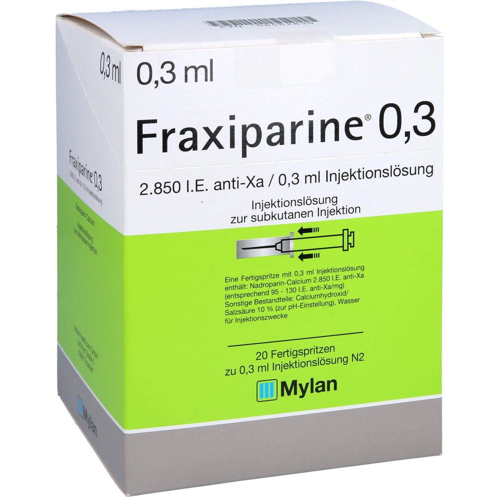 Das Produktfoto zeigt Fraxiparine 0,3 Ml Injektionslösung I.E.Fertigspr. (20X0.3 ml) PZN 06562839