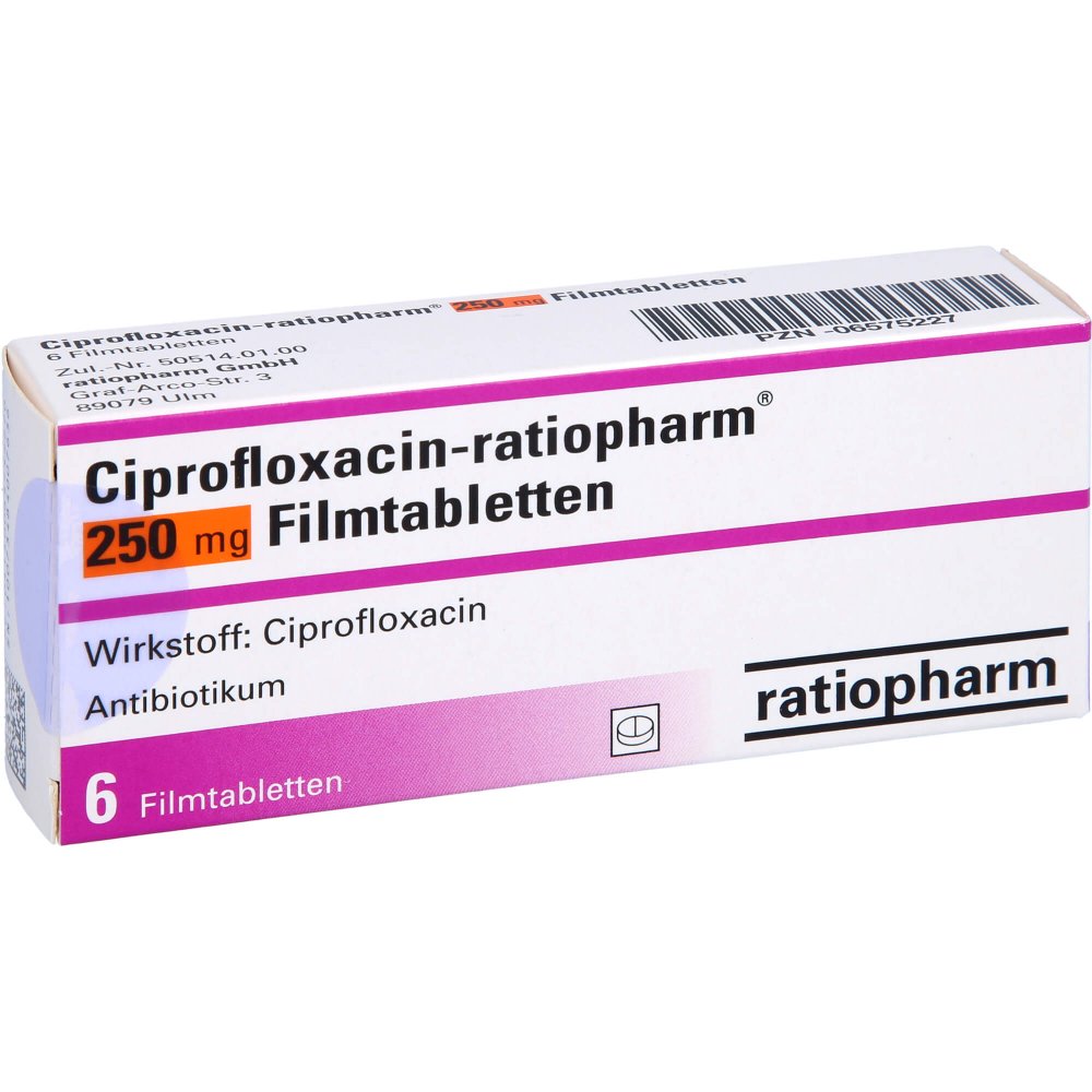 Das Produktfoto zeigt Ciprofloxacin-Ratiopharm 250 Mg Filmtabletten (6 stk) PZN 06575227