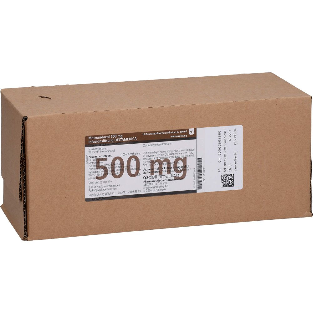 Das Produktfoto zeigt Metronidazol 0,5% Glas-Flasche Infusionslösung (10X100 ml) PZN 06586188