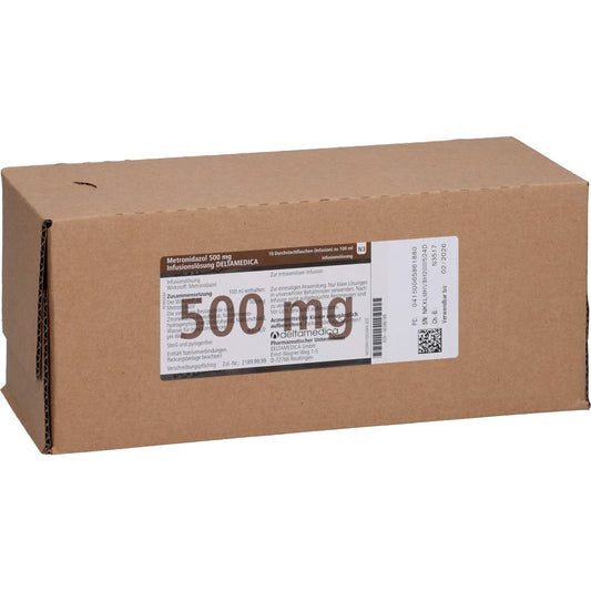 Das Produktfoto zeigt Metronidazol 0,5% Glas-Flasche Infusionslösung (10X100 ml) PZN 06586188