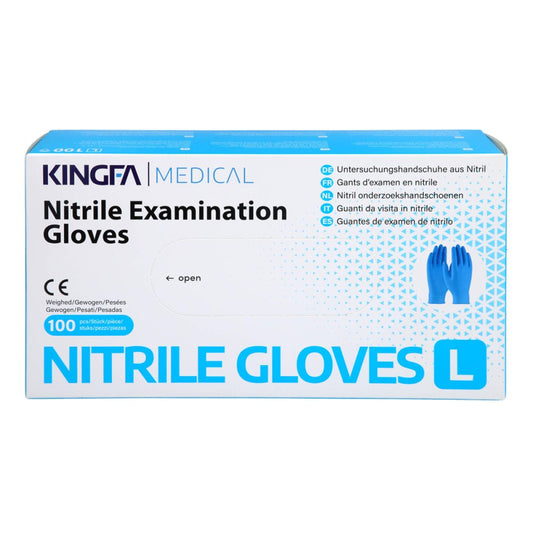 Das Produktfoto zeigt Nitril Einmal Handschuhe Puderfrei Groß (100 stk) PZN 06589011