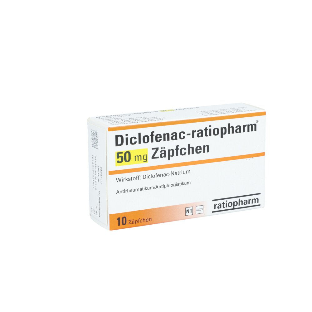 Das Produktfoto zeigt Diclofenac-Ratiopharm 50 Mg Zäpfchen (10 stk) PZN 06605939