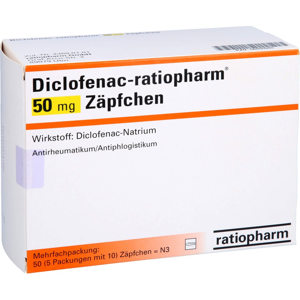 Das Produktfoto zeigt Diclofenac-Ratiopharm 50 Mg Zäpfchen (50 stk) PZN 06605945