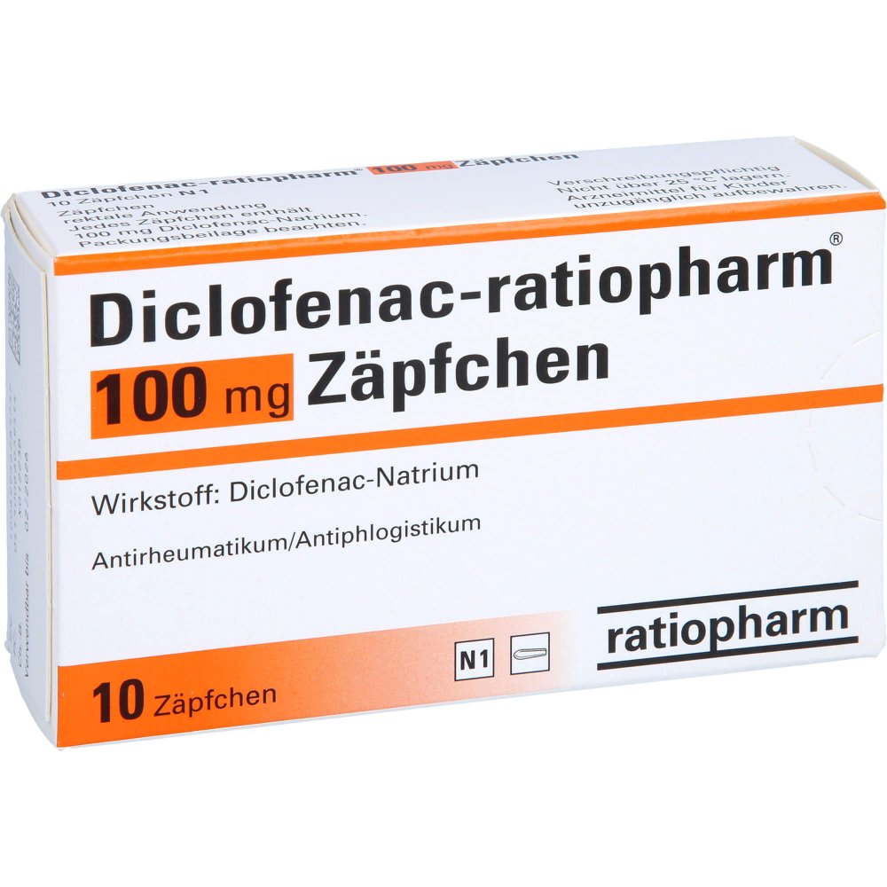 Das Produktfoto zeigt Diclofenac-Ratiopharm 100 Mg Zäpfchen (10 stk) PZN 06605951