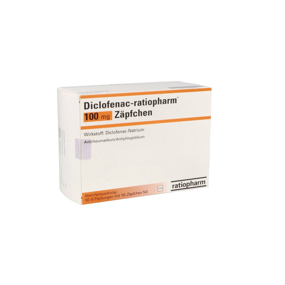 Das Produktfoto zeigt Diclofenac-Ratiopharm 100 Mg Zäpfchen (50 stk) PZN 06605968