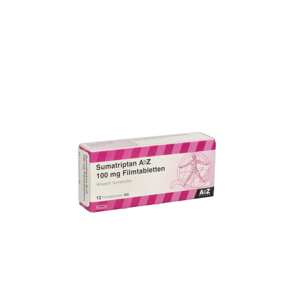 Das Produktfoto zeigt Sumatriptan Abz 100 Mg Filmtabletten (12 stk) PZN 06621938
