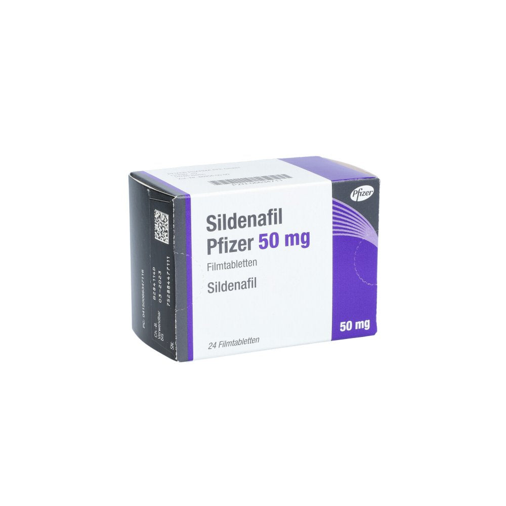Das Produktfoto zeigt Sildenafil Pfizer 50 Mg Filmtabletten (24 stk) PZN 06634711