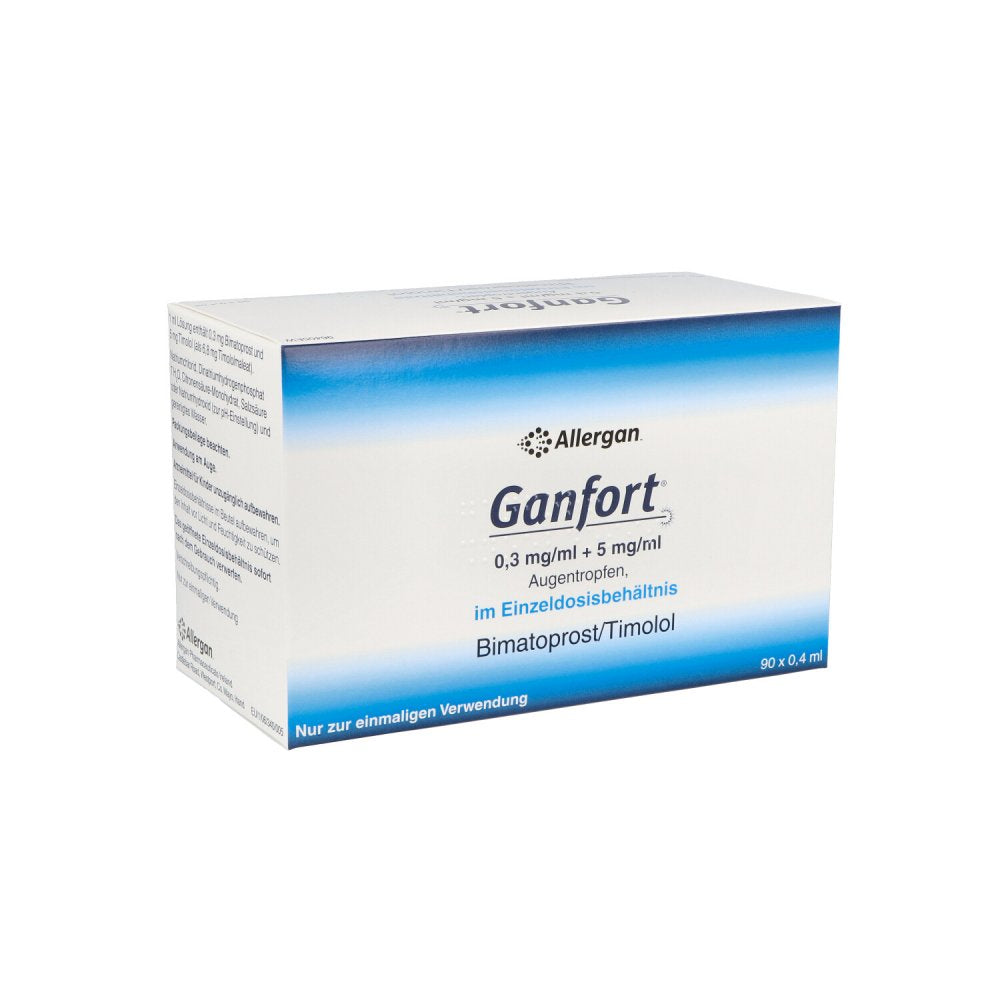 Das Produktfoto zeigt Ganfort 0,3 Mg/Ml + 5 Mg/Ml At Im Einzeldosisbeh. (90X0.4 ml) PZN 06640189