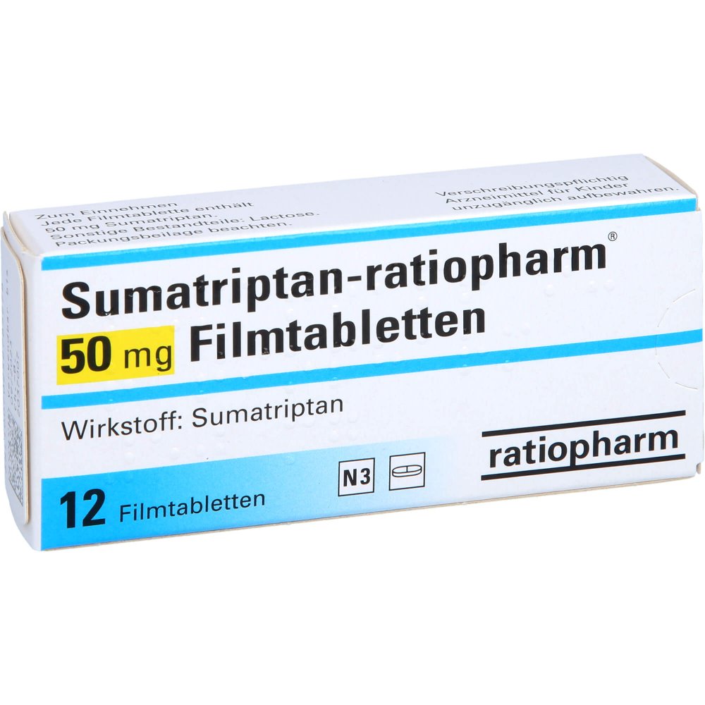 Das Produktfoto zeigt Sumatriptan-Ratiopharm 50 Mg Filmtabletten (12 stk) PZN 06643101