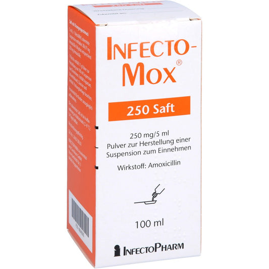 Das Produktfoto zeigt Infectomox 250 Saft Pulver Z.Herst.E.Susp.Z.Einn. (100 ml) PZN 06648305