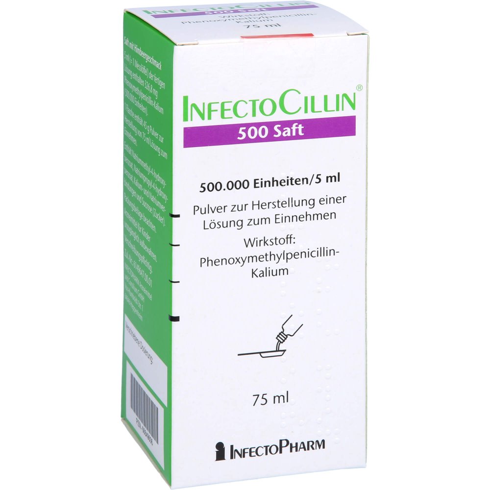 Das Produktfoto zeigt Infectocillin 500 Saft 1ml=100.000 I.E. (75 ml) PZN 06649606