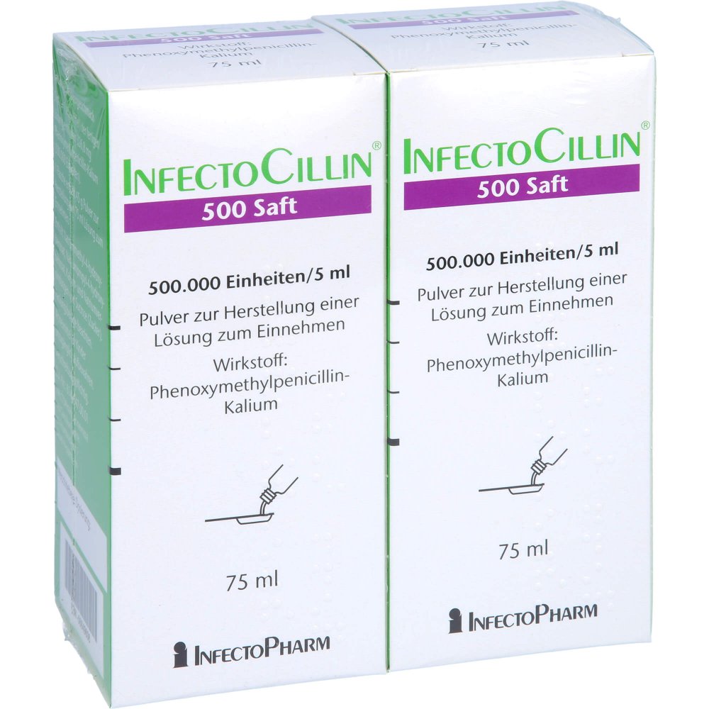 Das Produktfoto zeigt Infectocillin 500 Saft 1ml=100.000 I.E. (2X75 ml) PZN 06649612
