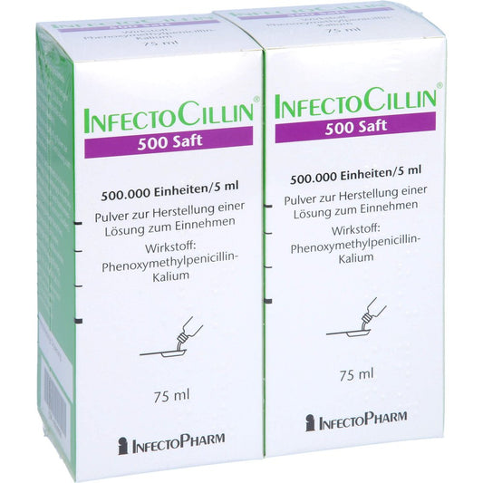 Das Produktfoto zeigt Infectocillin 500 Saft 1ml=100.000 I.E. (2X75 ml) PZN 06649612