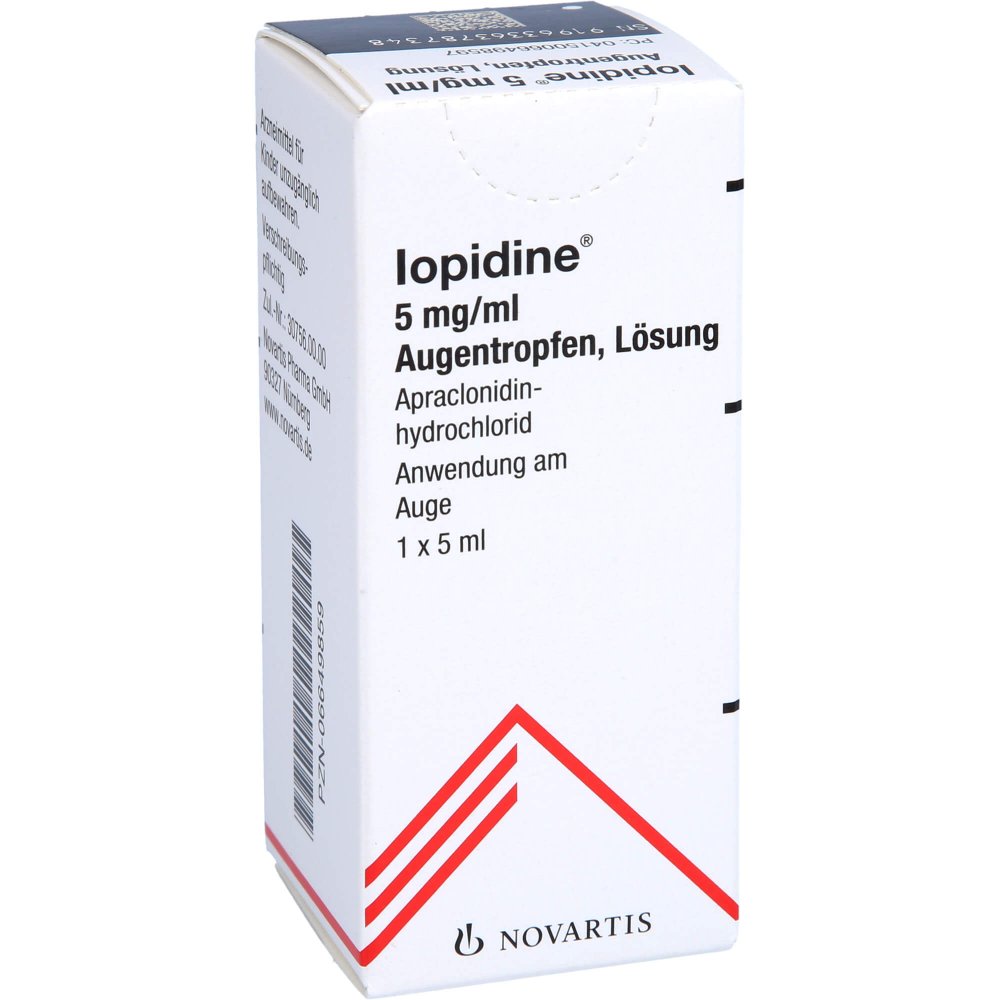 Das Produktfoto zeigt Iopidine 5 Mg/Ml Augentropfen (5 ml) PZN 06649859