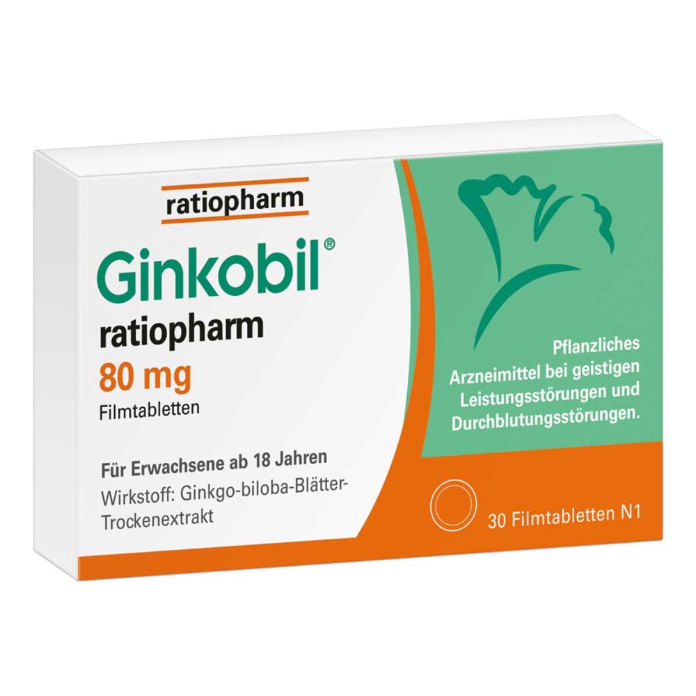 Das Produktfoto zeigt Ginkobil-Ratiopharm 80 Mg Filmtabletten (30 stk) PZN 06680823
