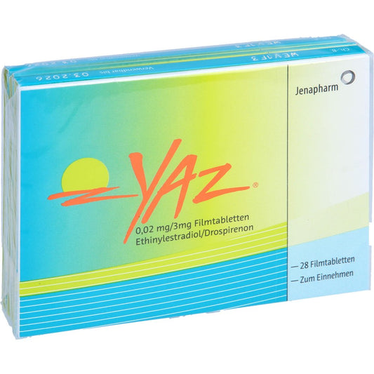 Das Produktfoto zeigt Yaz 0,02 Mg/3 Mg Filmtabletten 24+4 (3X28 stk) PZN 06682207