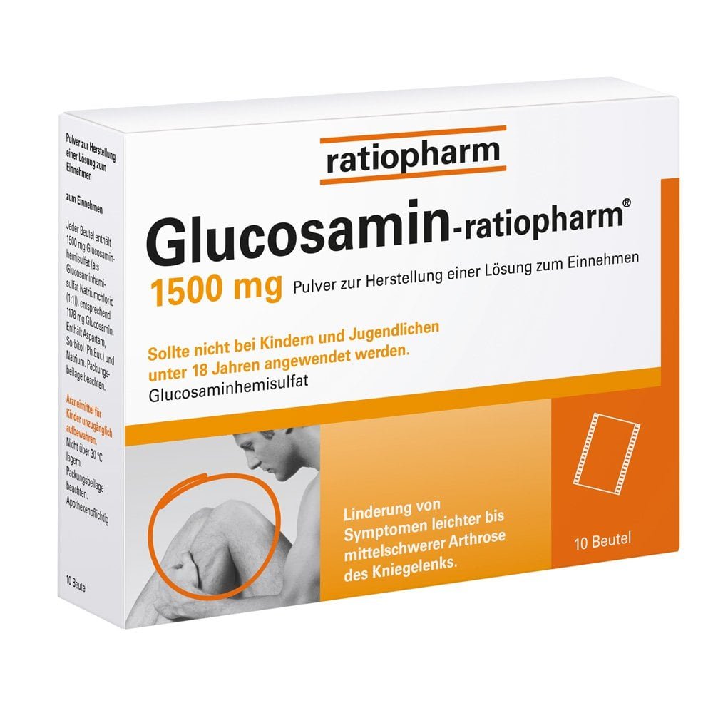 Das Produktfoto zeigt Glucosamin-Ratiopharm 1500 Mg Plv.Z.H.E.L.Z.Einn. (10 stk) PZN 06718655
