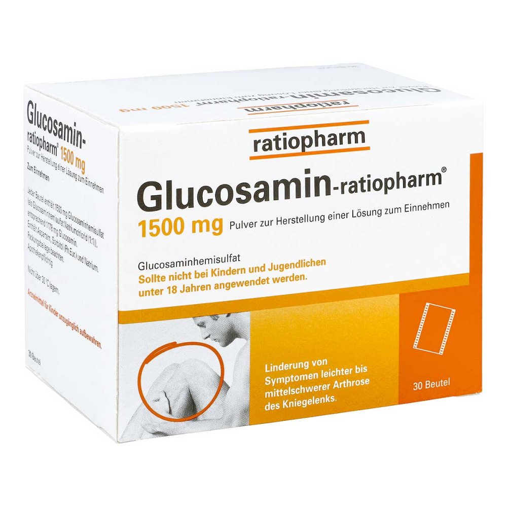 Das Produktfoto zeigt Glucosamin-Ratiopharm 1500 Mg Plv.Z.H.E.L.Z.Einn. (30 stk) PZN 06718661