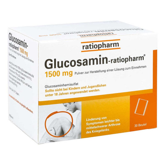 Das Produktfoto zeigt Glucosamin-Ratiopharm 1500 Mg Plv.Z.H.E.L.Z.Einn. (30 stk) PZN 06718661
