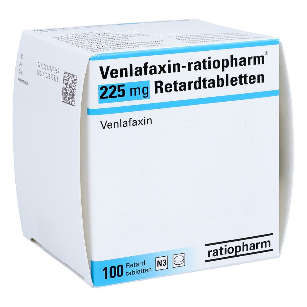 Das Produktfoto zeigt Venlafaxin-Ratiopharm 225 Mg Retardtabletten (100 stk) PZN 06718796