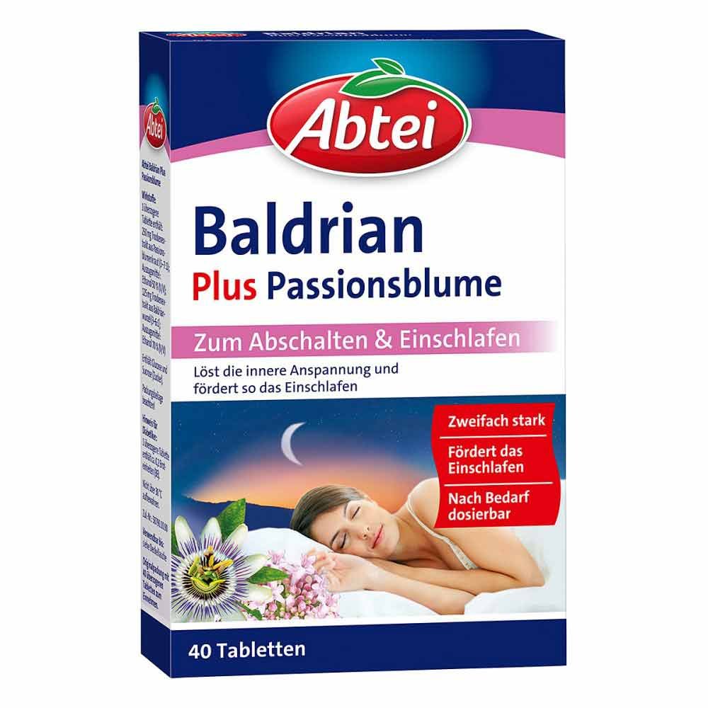 Das Produktfoto zeigt Abtei Baldrian Plus Passionsblume Überz.Tabl. (40 stk) PZN 06765330