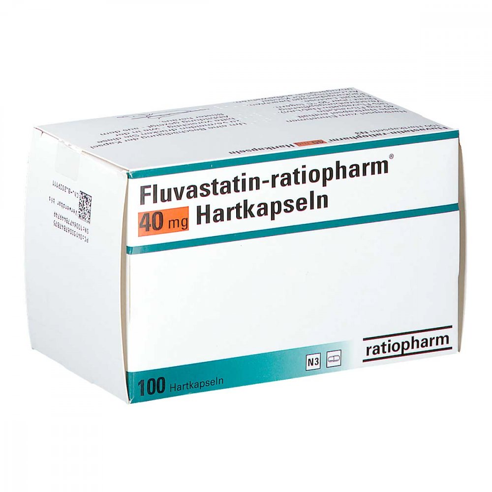Das Produktfoto zeigt Fluvastatin-Ratiopharm 40 Mg Hartkapseln (100 stk) PZN 06784787