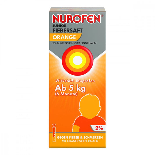 Das Produktfoto zeigt Nurofen Junior Fiebersaft Orange 2% (100 ml) PZN 06789419