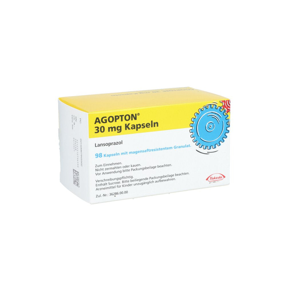Das Produktfoto zeigt Agopton 30 Mg Kapseln M.Magensaftres.Granulat (98 stk) PZN 06794550