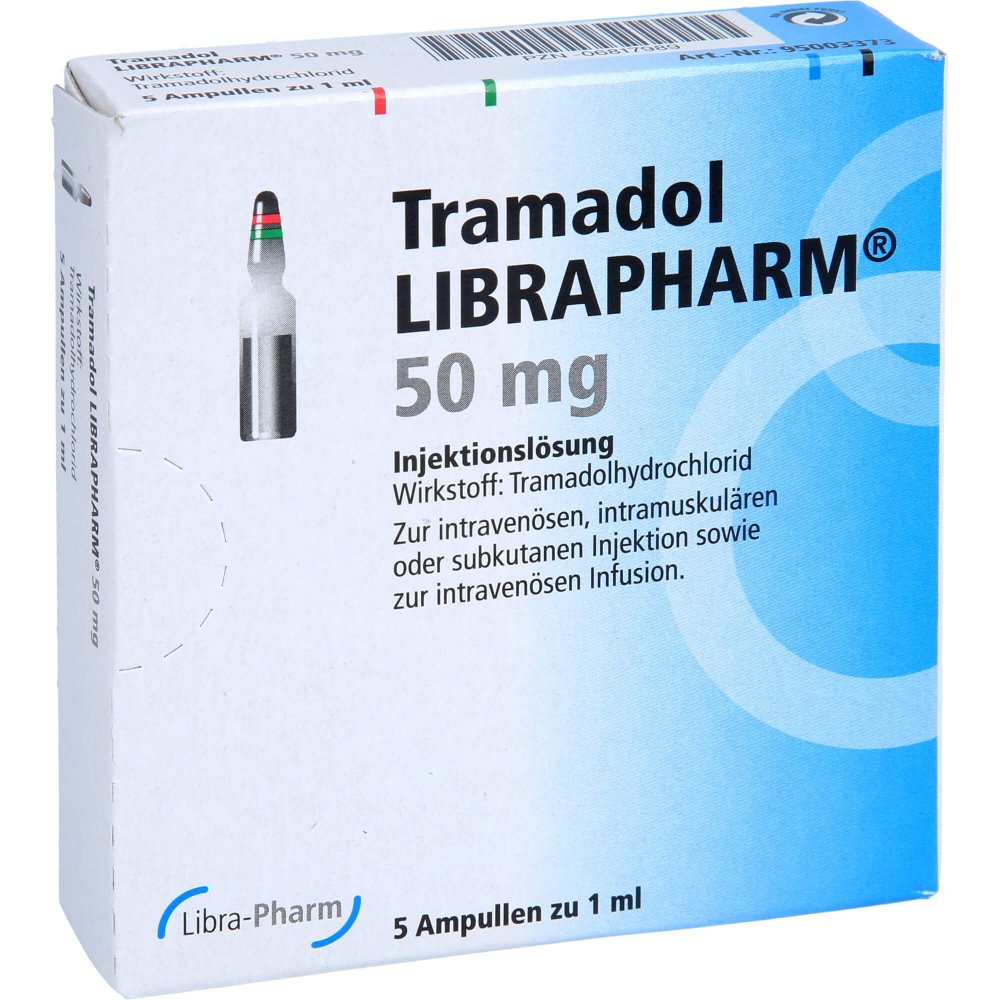 Das Produktfoto zeigt Tramadol Librapharm 50 Mg Injekt.-/Infus.-Lsg. (5 stk) PZN 06817989