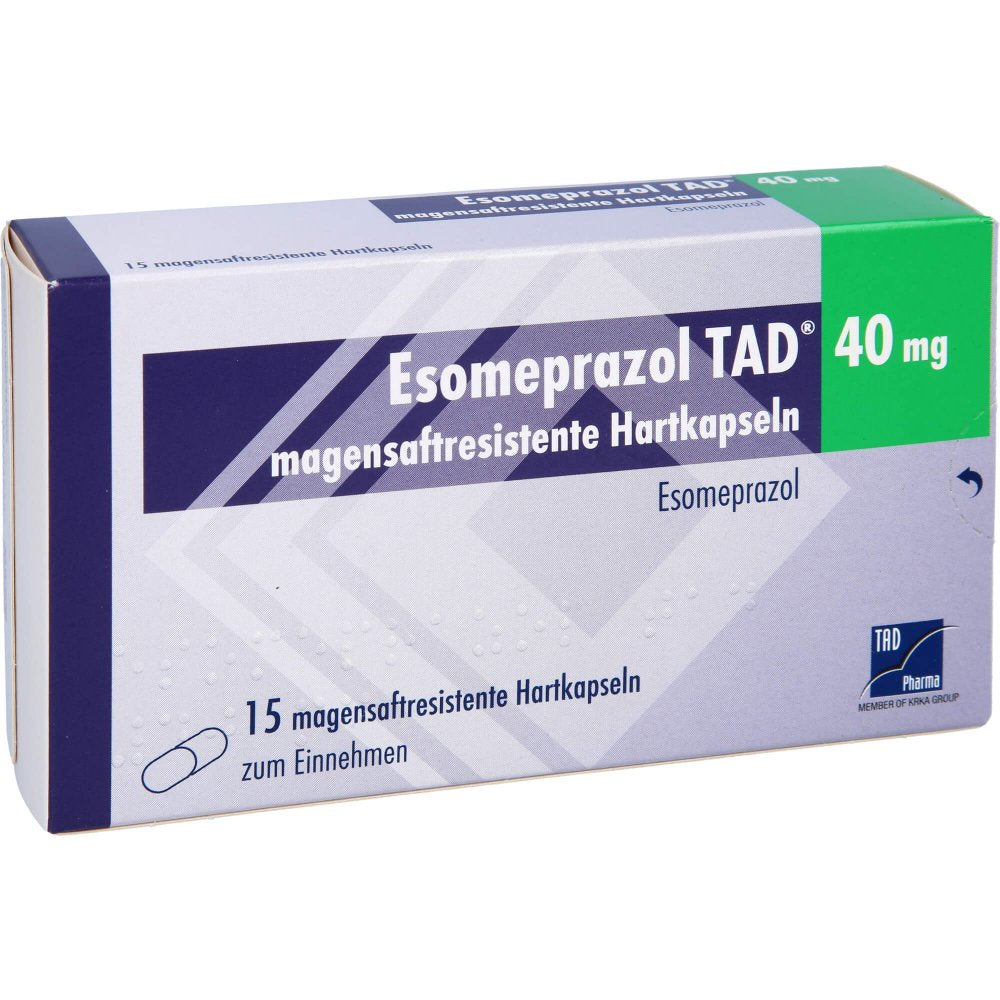 Das Produktfoto zeigt Esomeprazol Tad 40 Mg Magensaftresist.Hartkapseln (15 stk) PZN 06834350