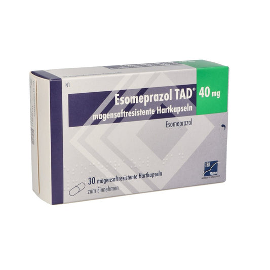 Das Produktfoto zeigt Esomeprazol Tad 40 Mg Magensaftresist.Hartkapseln (30 stk) PZN 06834367